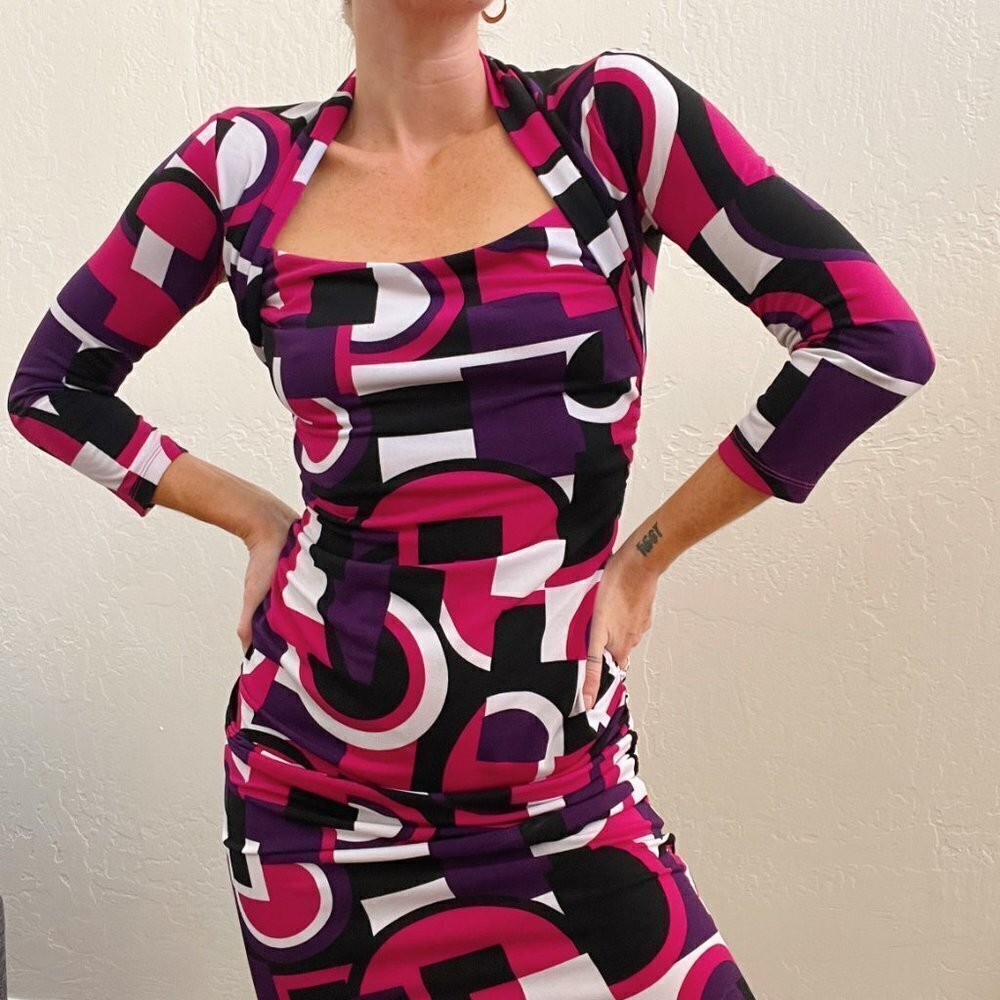 Y2K Pink Purple Abstract Printed Jersey Knit Stretch Dress